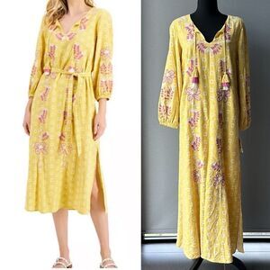 NWT Charter Club Cotton Maxi Kaftan Dress NO BELT Yellow Printed Embroidered XS